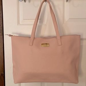 Joy Mangano pebbled leather tote bag in blush pink with detachable clutch.